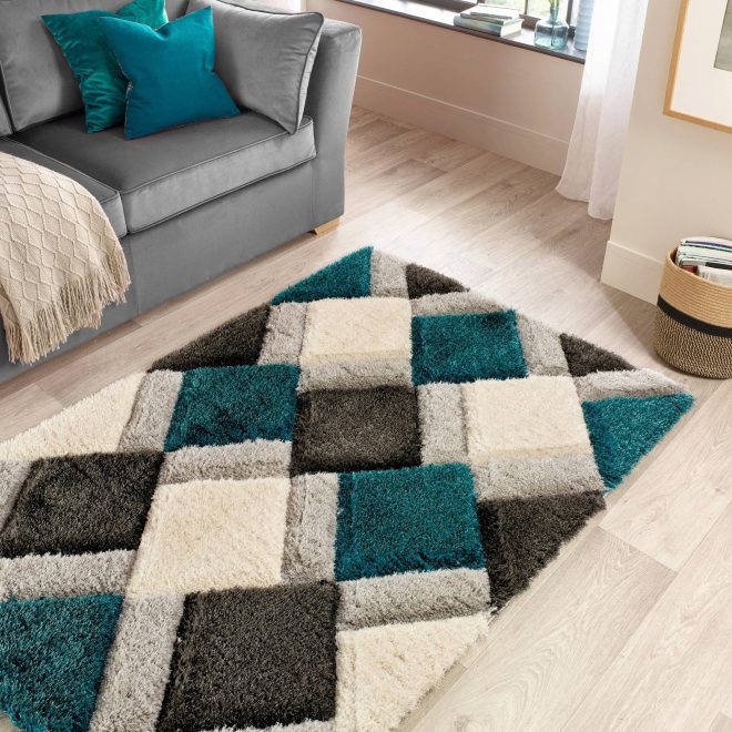 3D Geo Shaggy Teal | Grey Shagpile Rugs UK Mainland Free Shipping