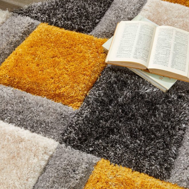 3D Geo Shaggy Ochre Shagpile Rugs UK Mainland Free Shipping