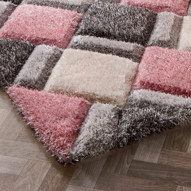 3D Geo Shaggy Blush Pink Shagpile Rugs UK Mainland Free Shipping