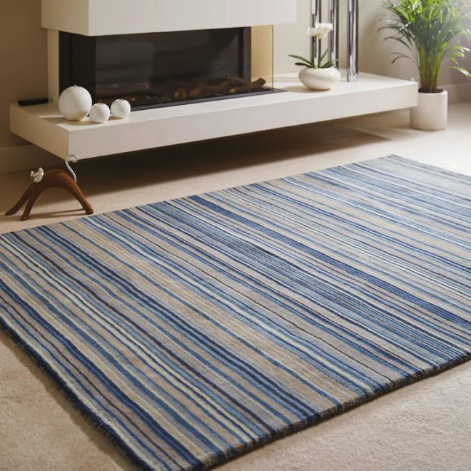 Fine Stripes Blue/Beige Wool Rugs UK Mainland Free Shipping